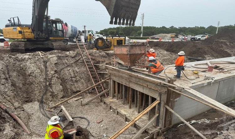 Box Culvert headwall concrete placement, west of Corporate Way along CR 712 Midway Road, June 2025