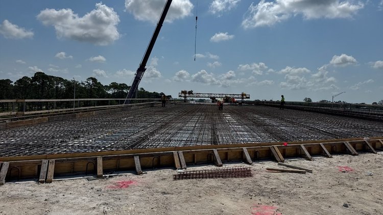Bridge deck rebar and edge forms, west bridge over I 95, May 2025