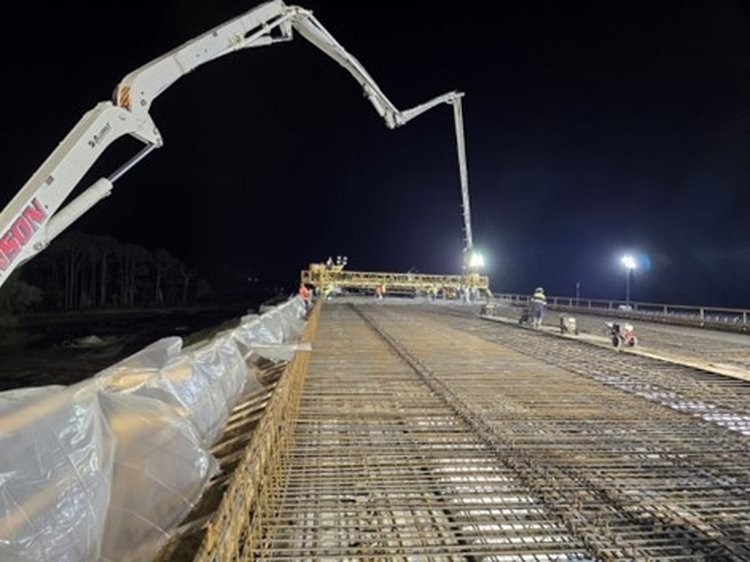 Bridge Deck Pour, span 2, westbound Oslo Road over I 95 looking east, June 2025