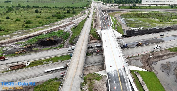 New westbound bridge open to traffic over I 95, looking west, July 2025