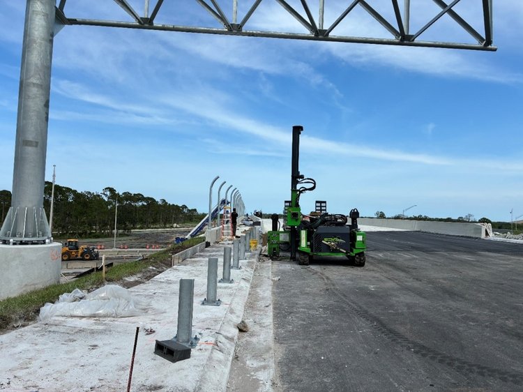 Pedestrian fence and guardrail installation westbound CR 606 Oslo Road over I 95, looking east, July 2025