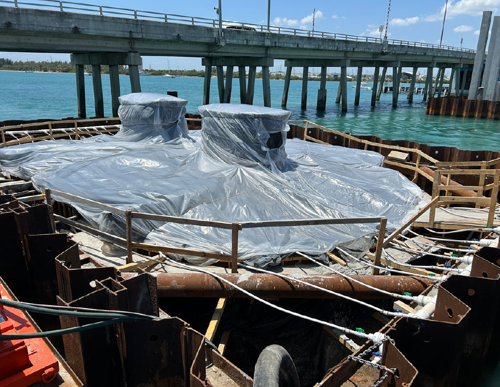 Footing at Pier 20, mass concrete curing, May 2024